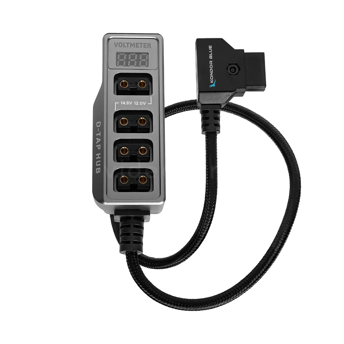 Kondor Blue 12V Metal D-Tap Hub Voltmeter 4 Way Port Power Tap Splitter (1/4”-20 Threads)