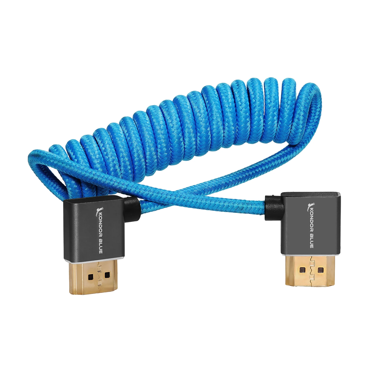 Kondor Blue Right-Angle Full-HDMI Cable for On-Camera Monitors 12″-24″ – Braided Coiled